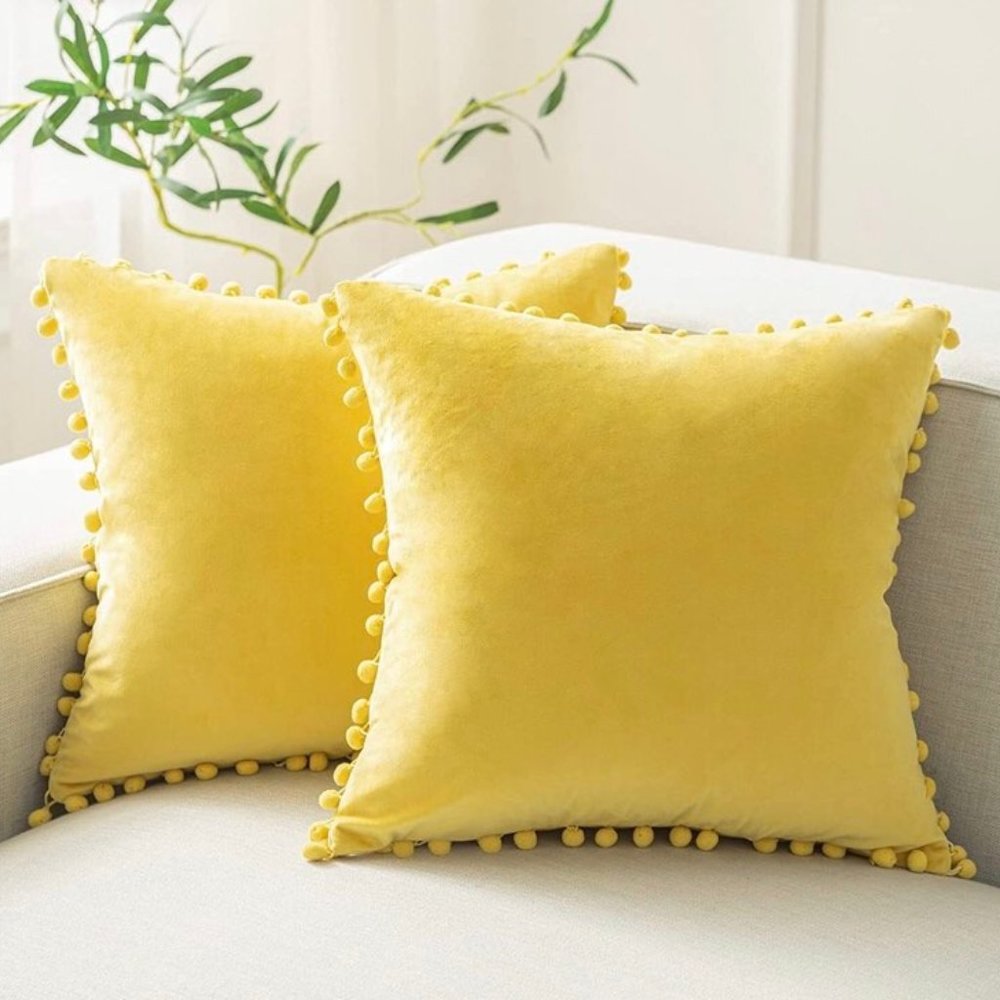 (Only Covers) Set of 2 Poms Poms Velvet Decorative Pillow Covers, Yellow